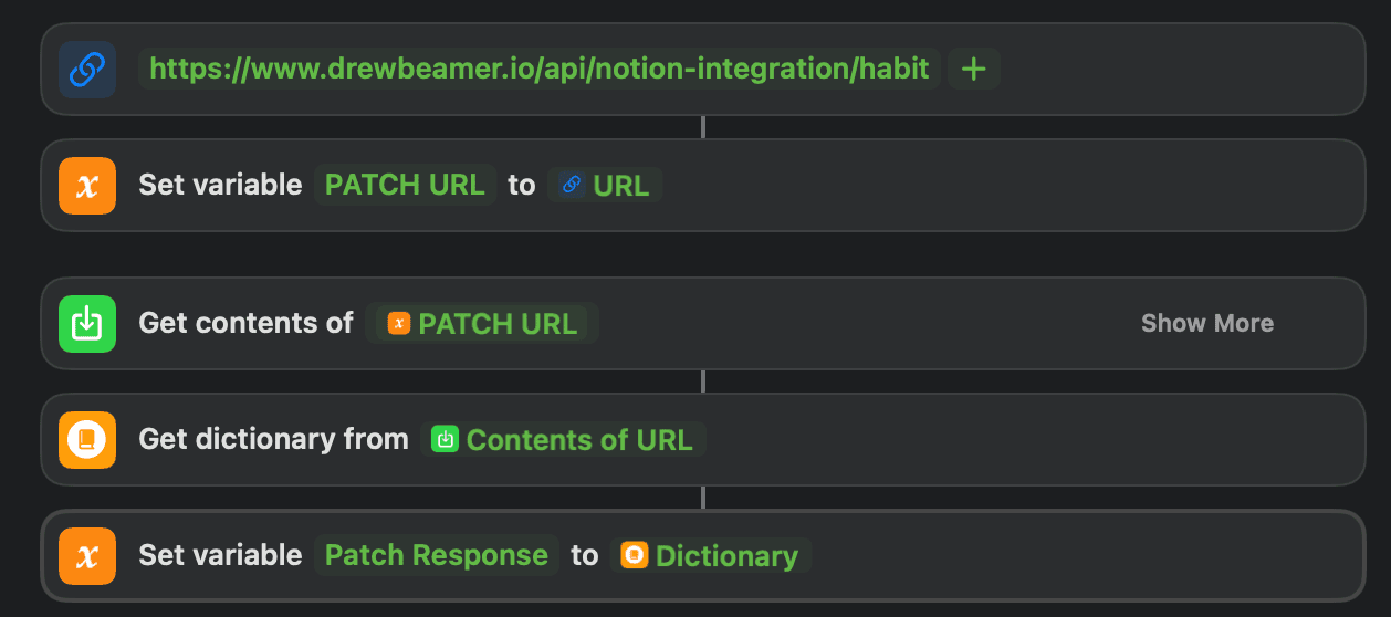 screenshot of step 3. Save the PATCH URL endpoint link to a variable and call the PATCH endpoint. Save the resulting dictionary to a variable.